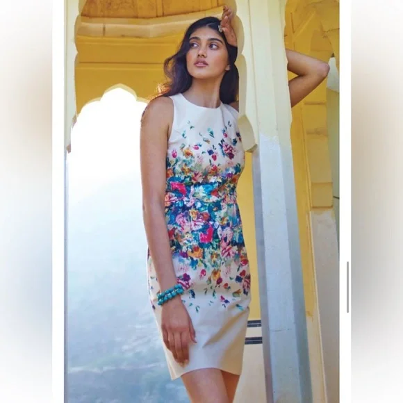 Anthropologie Maeve Tea Garden Sheath Dress Ivory Floral Sleeveless W-792 Size 8 - Picture 2 of 11